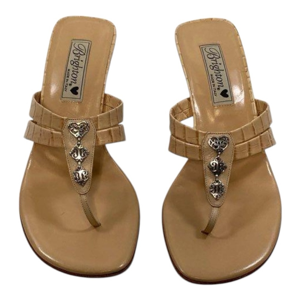 Brighton Tan Leather Thong Sandals with Silver Heart Accents